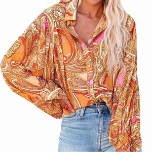 Women's Paisley Blouse - Orange and Pink